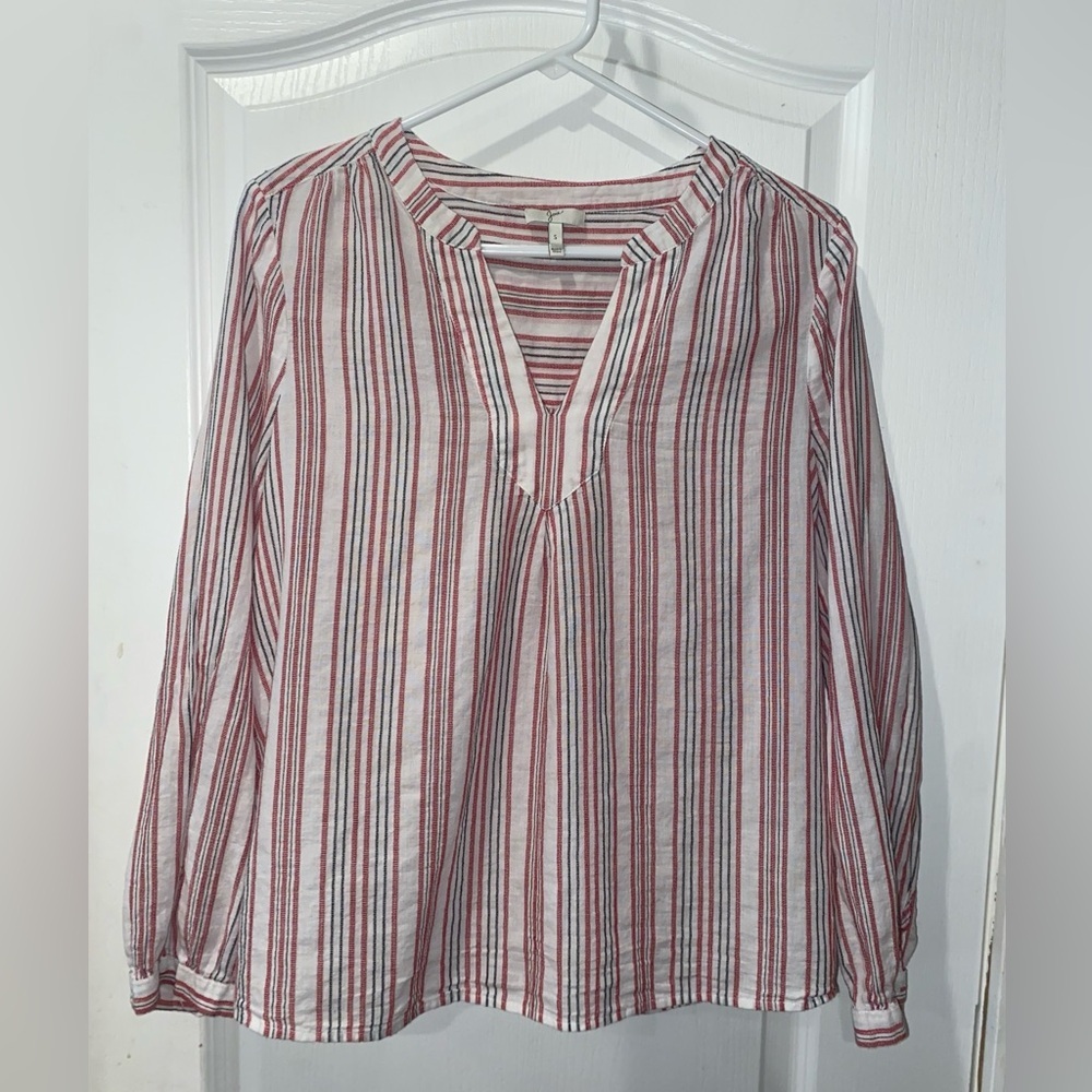 JOIE Red and White Striped Cotton V-Neck Blouse Size Small
